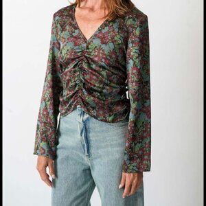 No.6 Store Silk Floral Ruched Long Sleeve Top Cottagecore Women's XS NWT